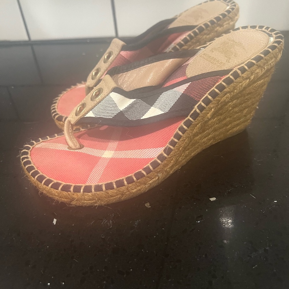 Burberry Red and Black Plaid Wedge Sandals